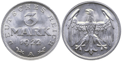 ГЕРМАНИЯ 3 МАРКИ 1922 А KM 28, J. 302 алюминий 4380-712