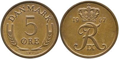 ДАНИЯ 5 ЭРЕ 1967 C; S, ФРЕДЕРИК IX (1947-1972) KM 848.1 бронза 28-1052