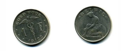 БЕЛЬГИЯ 1 ФРАНК 1922 BELGIE KM 90 никель 58-1235