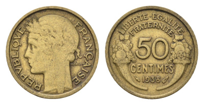 Франция 50 сантимов 1938 KM 894 алюминиевая бронза 4684-135