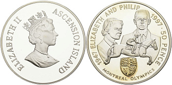 Остров Вознесения 50 пенсов 1997 50 лет (золотая) свадьба Елизаветы и Филиппа, позолота KM 11а серебро PROOF 11-322-12