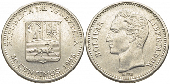 Венесуэла 50 сентимо 1965 Симон Боливар KM 41, Schon 51 никель 112-331