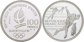 Франция 100 франков 1990 XVI Зимние Олимпийские игры 1992 в Альбервиле, конькобежный спорт KM 980 серебро PROOF 1074-9-44