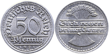 ГЕРМАНИЯ 50 ПФЕННИГОВ 1921 F KM 27, J. 301 алюминий 4385-1037