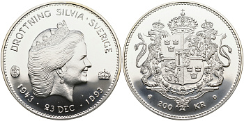 Швеция 200 крон 1993 Карл XVI Густав (1973- ), 50 лет со дня рождения королевы Сильвии KM 882 серебро UNC 00-00-00