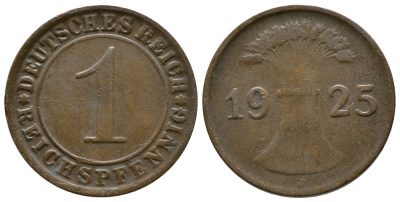 ГЕРМАНИЯ 1 РЕЙХСПФЕННИГ 1925 J KM 37, J. 313 бронза 4380-1132