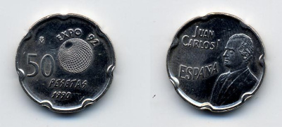 ИСПАНИЯ 50 ПЕСЕТ 1990 EXPO 92, SEVILLA, ХУАН КАРЛОС I KM 852 медно-никель 54-2412