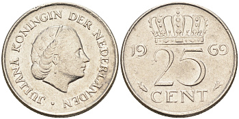 Нидерланды 25 центов 1969 Юлиана (1949-1980) KM 183 никель    4174-655