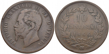 ИТАЛИЯ 10 ЧЕНТЕЗИМО 1866 ОM, ВИКТОР ЭММАНУИЛ II (1861-1878) KM 11.5 медь 114-615