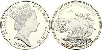 Соломоновы острова 10 долларов 2004 Альваро Менданья де Нейр, первооткрыватель Соломоновых островов KM 86 серебро PROOF 1066-4-14