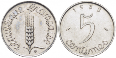 ФРАНЦИЯ 5 САНТИМОВ 1963 KM 927 хромированная сталь 112-566
