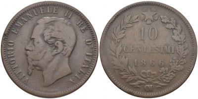 ИТАЛИЯ 10 ЧЕНТЕЗИМО 1866 ОM, ВИКТОР ЭММАНУИЛ II (1861-1878) KM 11.5 медь 114-615