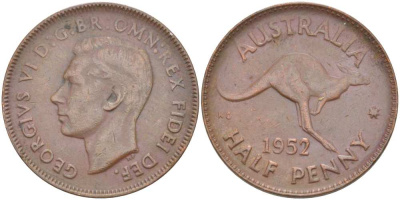 АВСТРАЛИЯ 1/2 ПЕННИ 1952 p, ГЕОРГ VI (1936-1952), КЕНГУРУ KM 42 бронза 4514-834