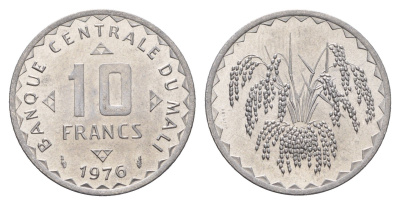 Мали 10 франков 1976 год-тип KM 11 алюминий UNC 4671-111