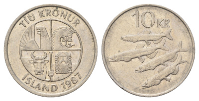 Исландия 10 крон 1987 рыбы KM 29.1 медно-никель 4691-232
