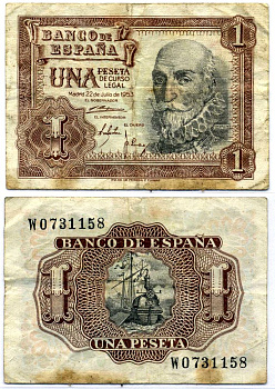Испания 1 песета 1953 22 июля 1953, Мигель де Санта Круз Pick 144а бумага 8564-11-3-2