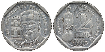 Франция 2 франка 1995 100 лет со дня смерти Луи Пастера KM 1119, Le Franc 274.2 никель 4123-444