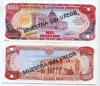 Доминиканская Республика 1000 песо 1992 образец, SPECIMEN Pick 138s бумага UNC (пресс) 451-232-1