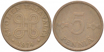 ФИНЛЯНДИЯ 5 ПЕННИ 1974 KM 45 медь 3718-122