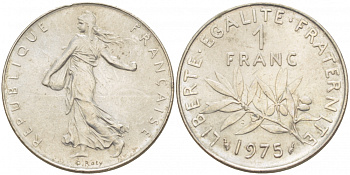 ФРАНЦИЯ 1 ФРАНК 1975 СЕЯТЕЛЬ KM 925.1 никель UNC 4402-1124