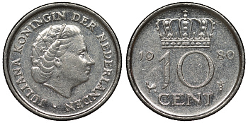 Нидерланды 10 центов 1980 Юлиана (1949-1980) KM 182 никель 71-344