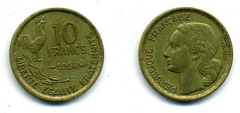 ФРАНЦИЯ 10 ФРАНКОВ 1958 KM 915.1 алюминиевая бронза 84-253