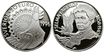 Швеция 20 евро 1996 Карл XVI Густав (1973- ), шведская писательница Сельма Лагерлеф (1858-1940) серебро PROOF 11-177-21