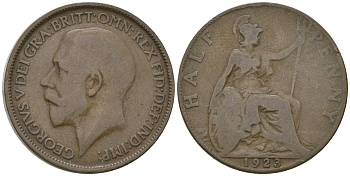 Великобритания 1/2 пенни 1923 Георг V (1910-1936) KM 809, Spink 4056 бронза 4163-1015
