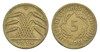 Германия 5 рентенпфеннигов 1924 D KM 32, J. 308 алюминиевая бронза 4644-1128