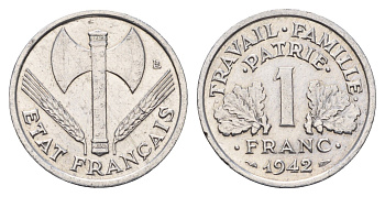 Франция 1 франк 1942 KM 902.1, Le Franc 222.2 алюминий 3856-342