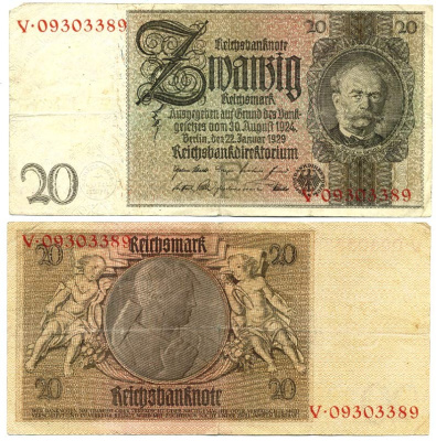 Германия 20 рейхсмарок 1929 Вернер фон Сименс, буква F, серия V Pick 181 a, Ros. 174 a  бумага   7203-5-3-2