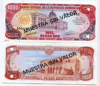 Доминиканская Республика 1000 песо 1992 образец, SPECIMEN Pick 138s бумага UNC (пресс) 451-232-1