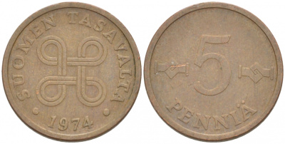 ФИНЛЯНДИЯ 5 ПЕННИ 1974 KM 45 медь 3718-122