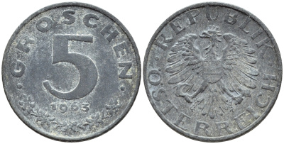 АВСТРИЯ 5 ГРОШЕЙ 1963 KM 2875 цинк 46-968