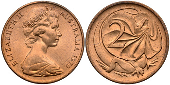Австралия 2 цента 1979 Елизавета II (1952-2022), плащеносная ящерица (FRILLED LIZARD)  KM 63 бронза UNC 4115-1247