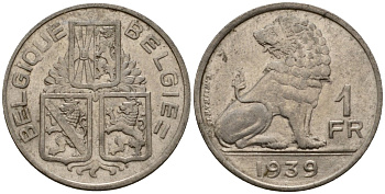 Бельгия 1 франк 1939 Belgique - Belgie KM 119 никель 4603-1246