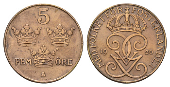 Швеция 2 эре 1920 KM 779.2 бронза 3459-1255