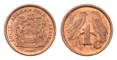 ЮАР 1 цент 1991 герб, капские воробьи KM 132 сталь плакированная медью UNC 4690-1262