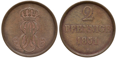 Ганновер 2 пфеннига 1851 B, Эрнст Август (1837-1851) KM 202.1, AKS 124, J. 75 медь 75-1955