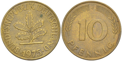 ФРГ 10 ПФЕННИГОВ 1975 J KM 108, J. 383 сталь плакированная латунью 4182-844