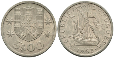 Португалия 5 эскудо 1968 парусник KM 591 медно-никель 4148-433