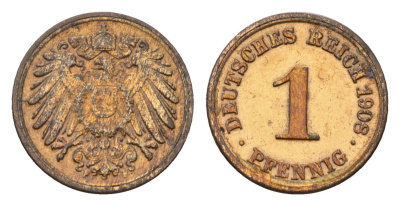 Германия 1 пфенниг 1908 F, Вильгельм II (1888-1918) KM 10, J. 10 медь 4630-666