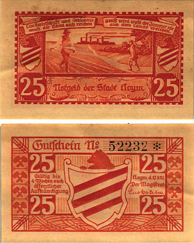 ХОЙМ 25 ПФЕННИГОВ 1921 НОТГЕЛЬД, 17 МАЯ 1921, ЗЕМЛЯ САКСОНИЯ АНХАЛЬТ Grabowski 634.2 бумага 8608-12-1-2