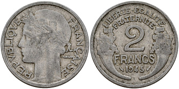 Франция 2 франка 1945 KM 886a алюминий 4187-1015