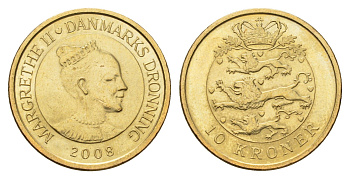 Дания 10 крон 2008 NR, Маргрете II (1972-2024) KM 896 алюминиевая бронза UNC 117-125