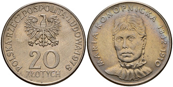 Польша 20 злотых 1978 MW, Портрет Марии Конопницкой (1842-1910) KM 95 медно-никель UNC 81-422