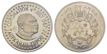 Тонга 2 паанга 1967 Коронация Тауфа’ахау Тупоу IV, с дополнительной отметкой, тираж 1.577 экземпляров KM 20 медно-никель PROOF 00-00