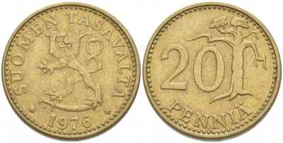 ФИНЛЯНДИЯ 20 ПЕННИ 1976 K KM 47 алюминиевая бронза 3718-632