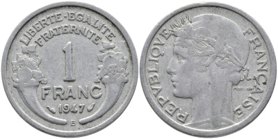 ФРАНЦИЯ 1 ФРАНК 1947 В KM 885а.2 алюминий 65-1024