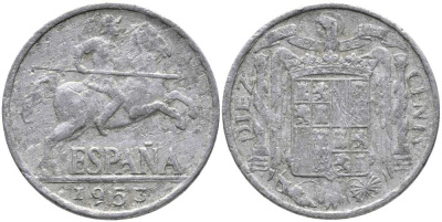 ИСПАНИЯ 10 СЕНТИМО 1953 РЫЦАРЬ НА КОНЕ KM 766 алюминий 110-933